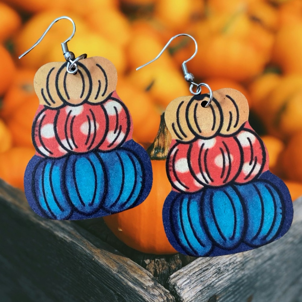 Stacked Multicolor Pumpkin Wooden Drop Earrings
